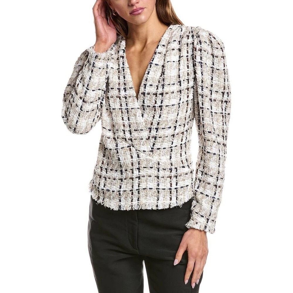 NEW IRO‎ Patria Mixed Ecru Tweed Top Puff Sleeve Plaid Blouse Size 40 US 8